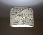 World Map Lamp Shade, Grey Drum Lampshade, Atlas Handmade Pendant Shade