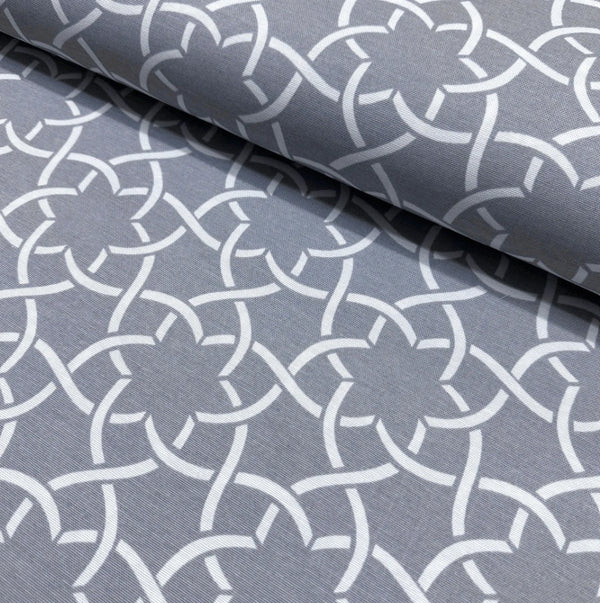 Grey and white floral moroccan tile print fabric for upholstery, curtain, soft furnishing and home decor.