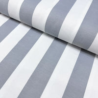 Silver grey and white big stripe patterned cotton canvas upholstery fabric.
