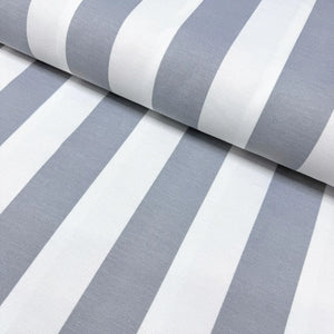 Silver grey and white big stripe patterned cotton canvas upholstery fabric.