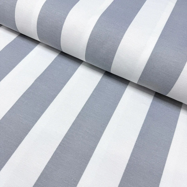 Silver grey and white big stripe patterned cotton canvas upholstery fabric.
