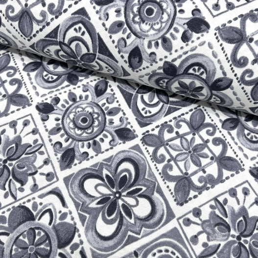 Grey and white floral portuguese azulejo tile  fabric for upholstery curtain soft furnishing and home decor.