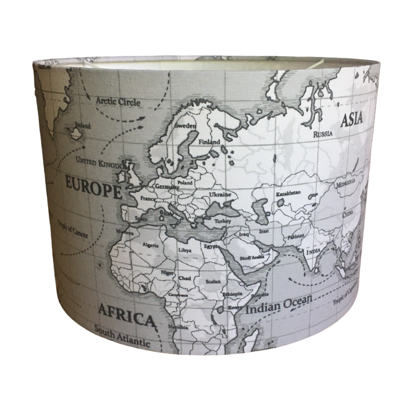 World Map Lamp Shade, Grey Drum Lampshade, Atlas Handmade Pendant Shade