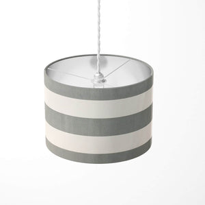 Horizontal striped ceiling pendant light shade with gray and white stripes on a white background.