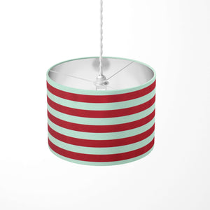 Striped ceiling lampshade with red and white horizontal stripes on a white background.
