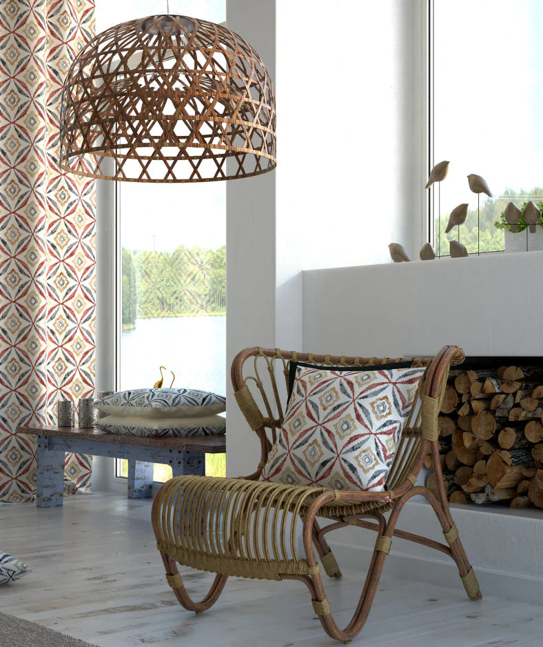 Rattan chair with geometric patterned cushion in a room with a large window and decorative elements.