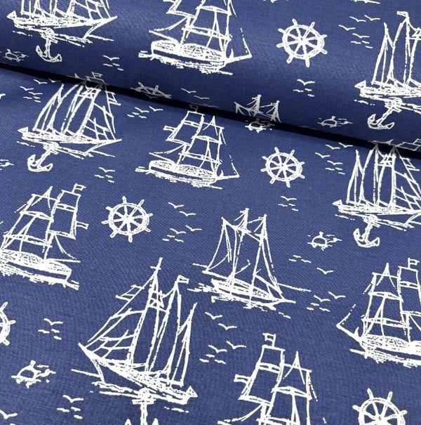 Indigo blue and white sailboat, anchor, wheel, birds, marine and sea print fabric for upholstery, curtain and home decor crafts.