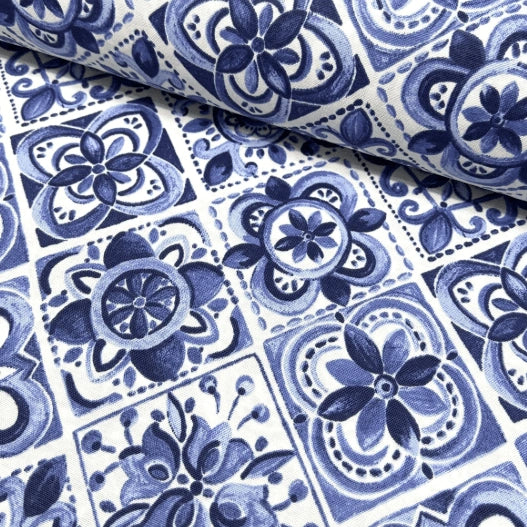 Blue white italian majolica tile fabric for upholstery curtain making indoor and outdoor decorations.