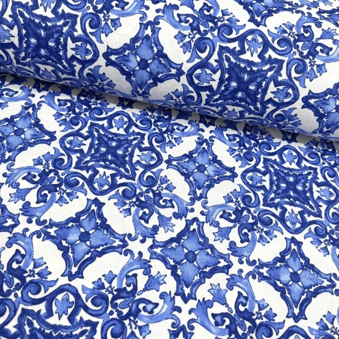Italian tile blue white moroccan patterned fabric for upholstery, curtain, home decor and soft furnishing.