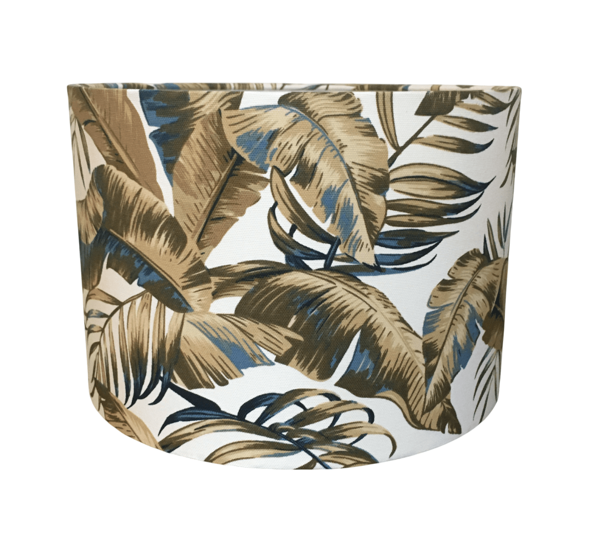 Decorative lampshade with jungle leaf pattern on a white background.