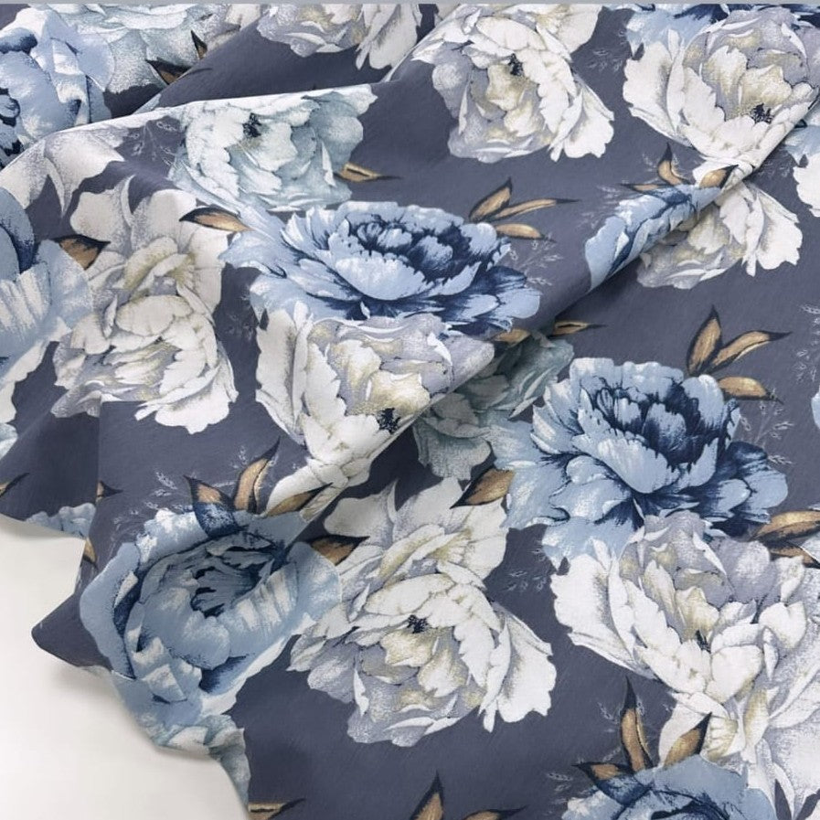 Large Rose Fabric, Blue White Floral Fabric, Big Flowers Upholstery Fabric
