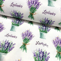 Upholstery & curtain fabric patterned with lavender flowers and pots on a white background.