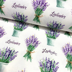 Upholstery & curtain fabric patterned with lavender flowers and pots on a white background.