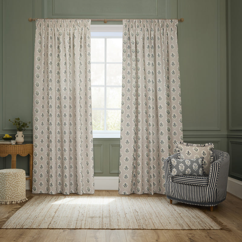 Sanderson Sessile Leaf Print Ready Made Pencil Pleat Flax Curtains