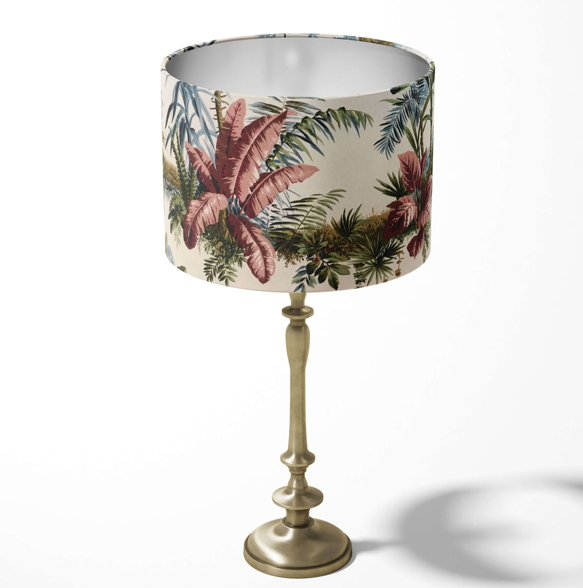 Exotic Table lampshade with a coral reef and green tropical leaf print on a white background.