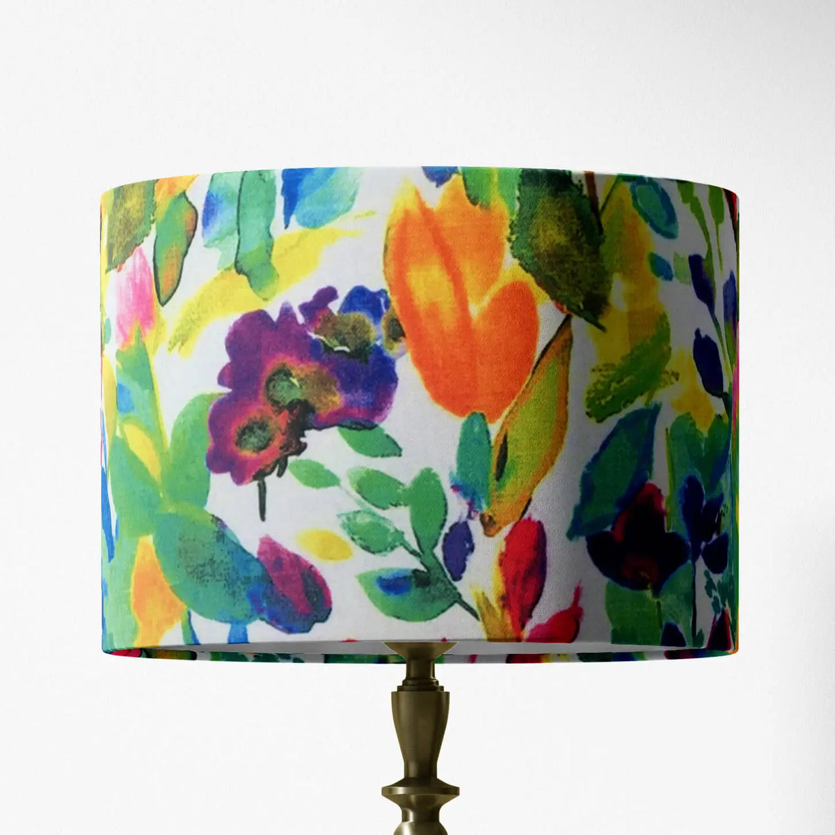 Multi-coloured floral painting art print table lamp shade.