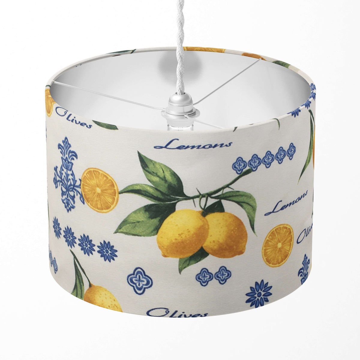 Lampshade with lemon and olive design on a white background.