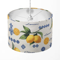 Lampshade with lemon and olive design on a white background.