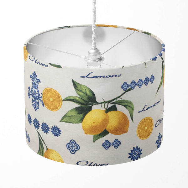 Lampshade with lemon and olive design on a white background.