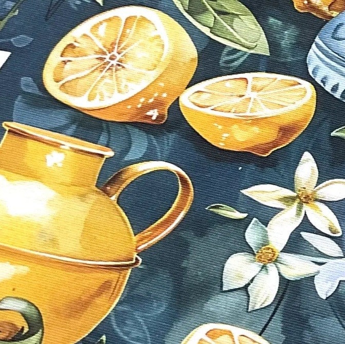 Close up of a lemon fabric for upholstery, curtain and home decor.