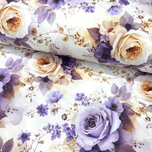 Lilac and peach rose garden cotton poplin fabric with large romantic floral print, purple blossoms and botanical foliage on a white background.