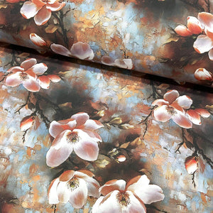 Pink 3d magnolia flower patterned upholstery fabric on blue and brown abstract background.