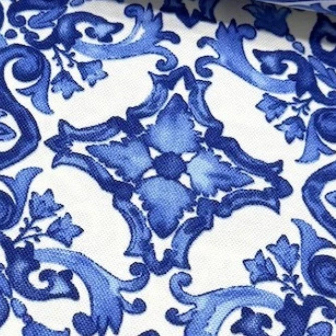 Close-up of a blue floral tile fabric.