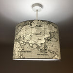 World Map Lamp Shade, Grey Drum Lampshade, Atlas Handmade Pendant Shade