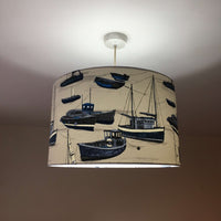 Navy blue and white maritime ceiling lampshade.