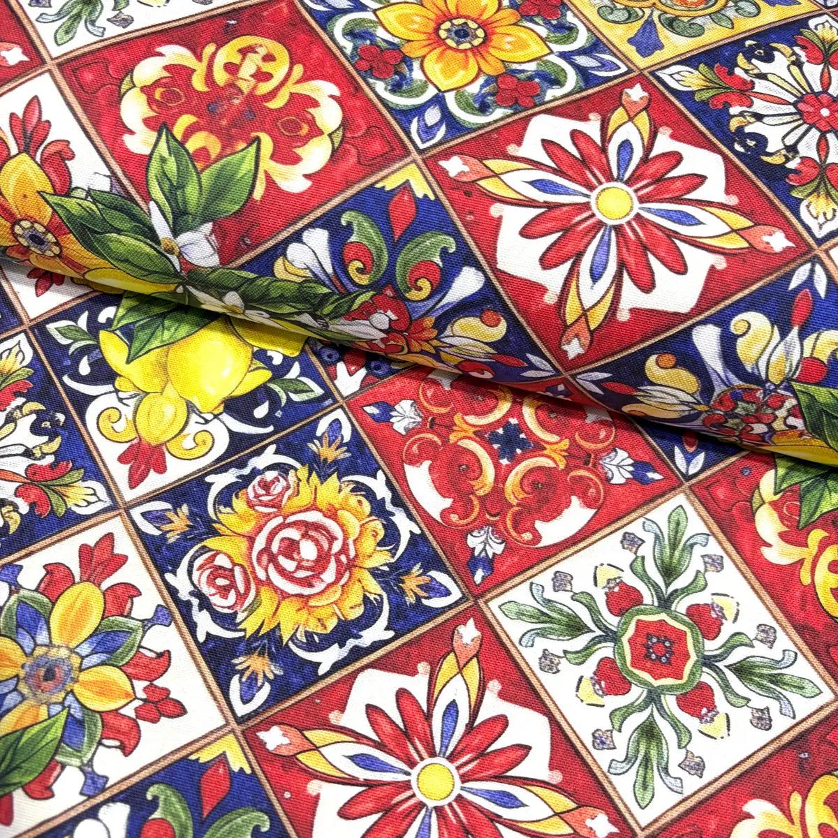 Colorful ceramic tiles with floral and geometric patterns.