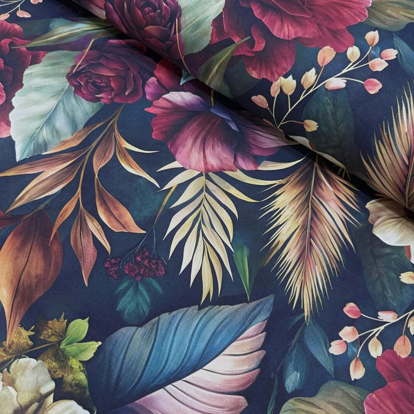 Burgundy flowers and earthy tropical leaves patterned midnight garden fabric for upholstery and curtain.