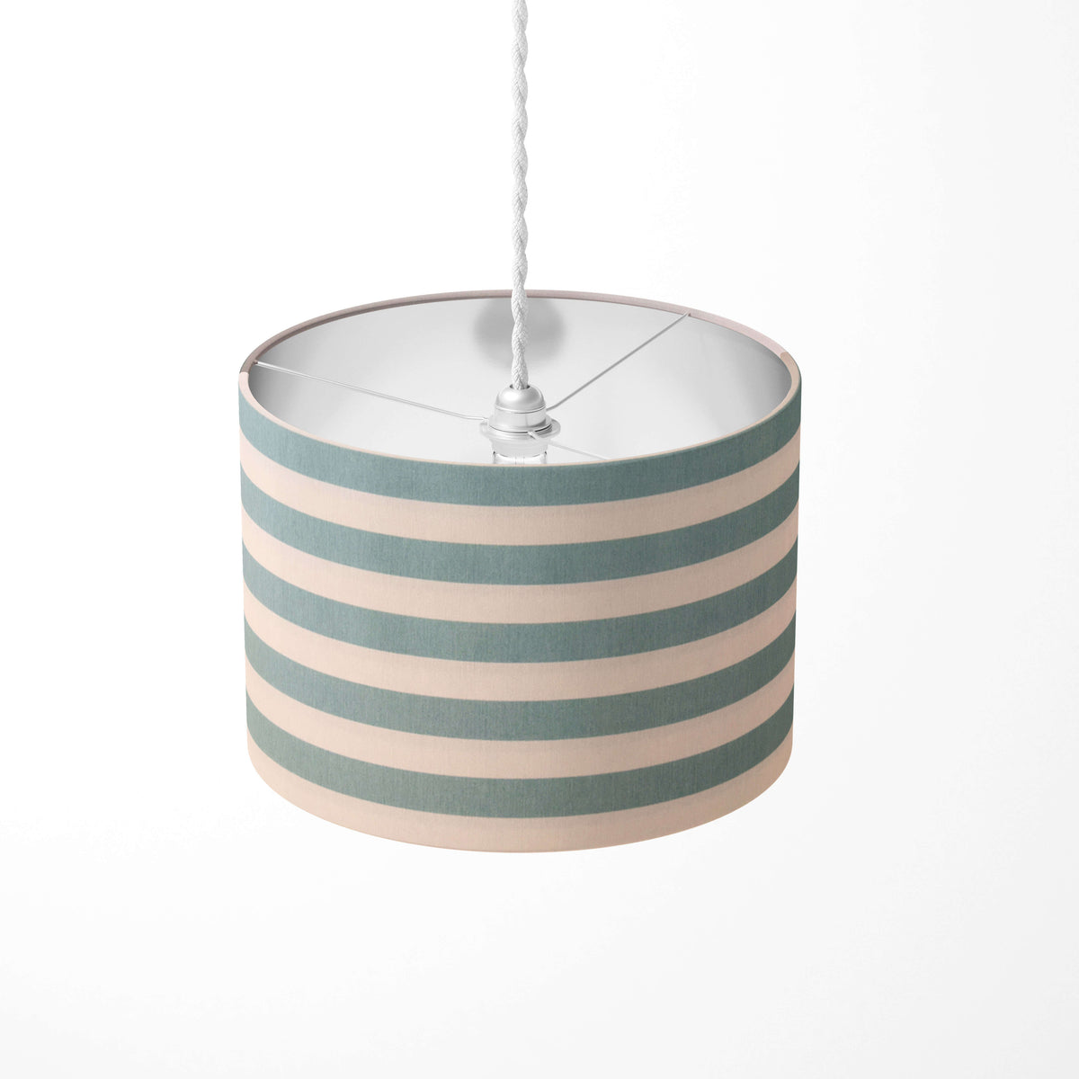 Striped ceiling pendant lampshade with mint green and white stripes on a white background.