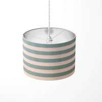 Striped ceiling pendant lampshade with mint green and white stripes on a white background.