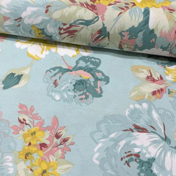 Boho large pattern duck egg floral fabric for upholstery, curtain, soft furnishing and home decor crafts.