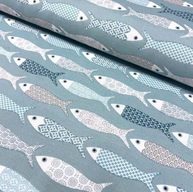 Fish Print Fabric, Nautical Ocean Royal Blue Upholstery Curtain Fabric