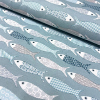 Fish Print Fabric, Nautical Ocean Royal Blue Upholstery Curtain Fabric