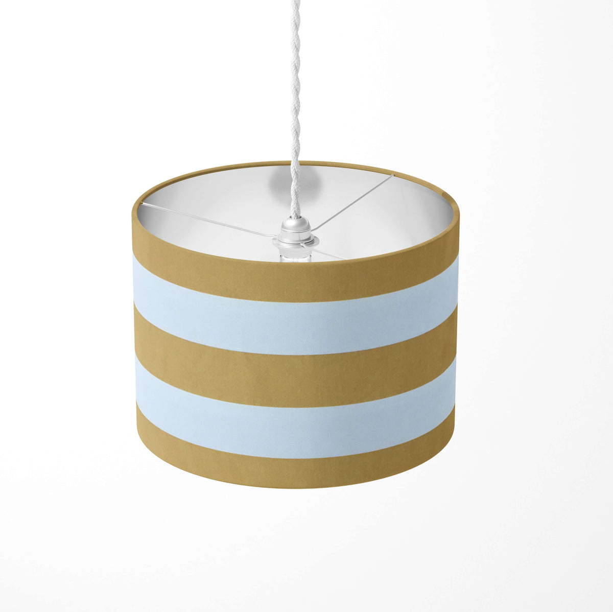 Mustard and white large horizontal stripe patterned ceiling lampshade on a wite background.