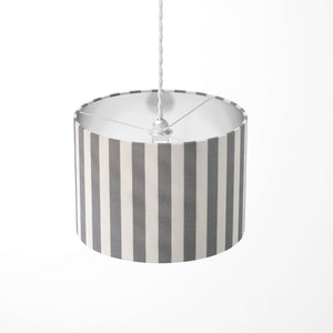 Striped pendant lampshade featuring grey and white thin stripes on a white background.