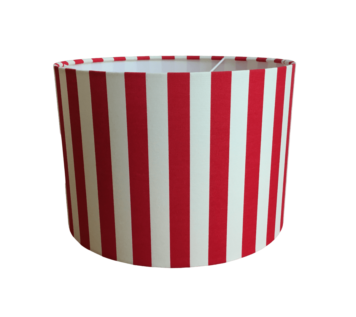 Bright red and white striped lampshade on a white background.