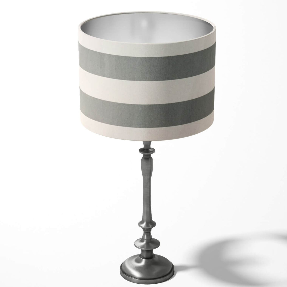 Modern striped table lampshade with gray and white horizontal stripes on a white background.