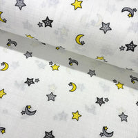 Yellow and grey moon and start print cotton muslin double gauze fabric or babies.