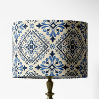 Decorative lampshade with blue floral geometric pattern on a white background for table lamps and ceiling pendants.