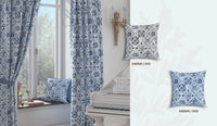 Decorative tile patterned blue and white cushions and curtains in a room with a window and piano.