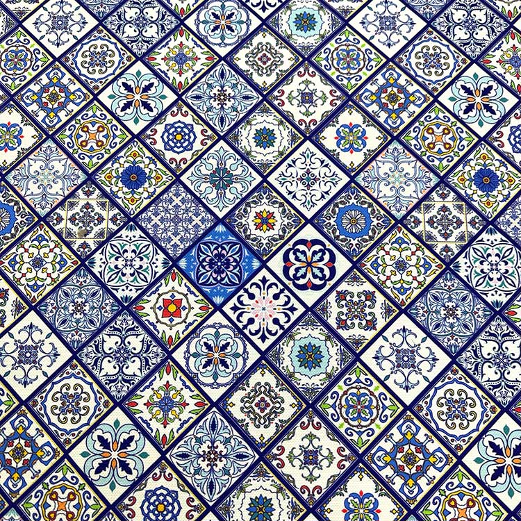 Turkish ceramic moroccan tile upholstery fabric with geometric and floral designs on a white background.