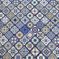 Turkish ceramic moroccan tile upholstery fabric with geometric and floral designs on a white background.
