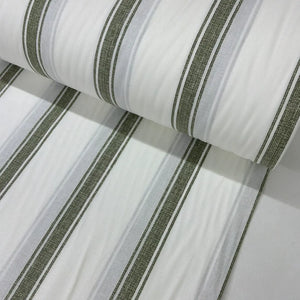 Moss green and white ticking stripe 100% cotton fabric with a subtle linen-look print, perfect for dressmaking, quilting, patchwork, cottagecore sewing and farmhouse home décor.