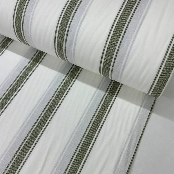 Moss green and white ticking stripe 100% cotton fabric with a subtle linen-look print, perfect for dressmaking, quilting, patchwork, cottagecore sewing and farmhouse home décor.