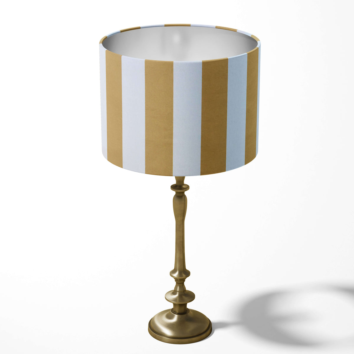 Mustard yellow and white large vertical stripe patterned table lampshade.