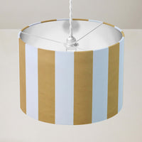 Mustard yellow and white vertical striped ceiling lampshade.
