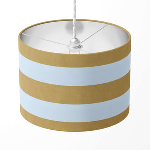 A mustard yellow and white horizontal striped lampshade for table lamps, floor lamps and ceiling pendants.